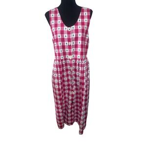 Vintage J.G. Hook Red Gingham Christmas Tree Button Front Midi Dress Womens 8